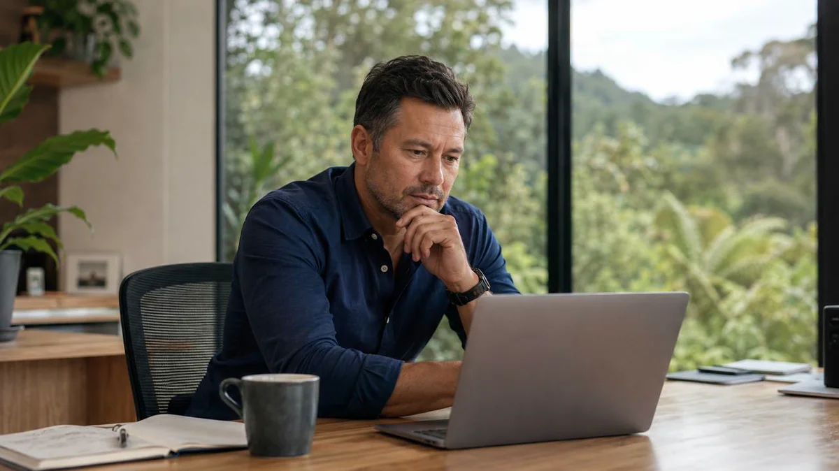 New Zealand business owner using AI tools on a laptop in a modern office with native bush visible through the windows